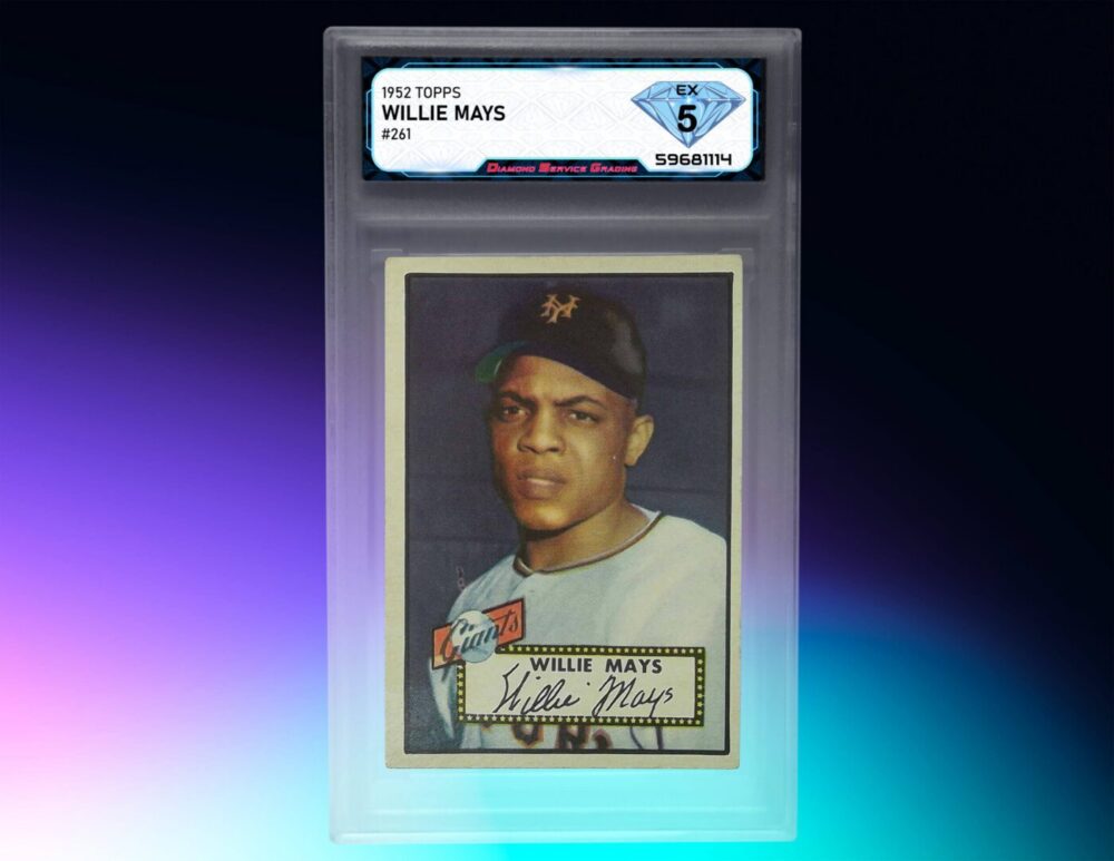 Vintage Willie Mays baseball card in protective case.
